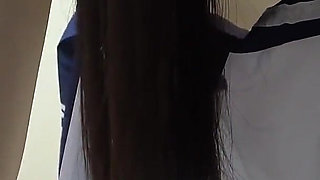 Apron-style Student Uniform, Miniskirt, White G-string Panties and White Socks, Slender Japanese Girl Cleaning Her Apartment