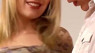 An amazing blonde babe in high heels is jumping on big dong