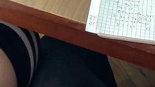 Schoolgirl Handjob Again in Math Class Under the Table and Even a Bit of Footjob. at School.