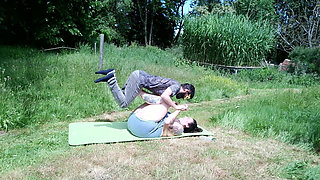 Strong Wife Workday - Strong BBW Uses Her Man as Leg Press After Mowing the Lawn