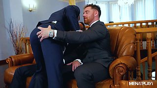 Hot men share the same dick in marvelous office threesome