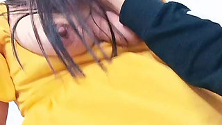 Busty MILF In Yellow Dressed Takes A Hot Riding Position With Her Husband's Friend