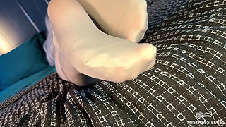 Grey Pantyhose Feet Tease - Rubbing Soles and Big Ass in Background