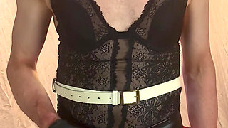 Wet Look Suspender Belt And Big Balls And Cock