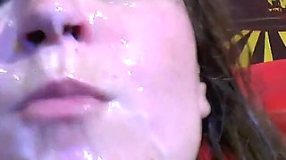 Brunette Bukkake Slut Takes Massive Cumshots From Gang