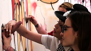 CFNM babes cockuskcing in glory hole