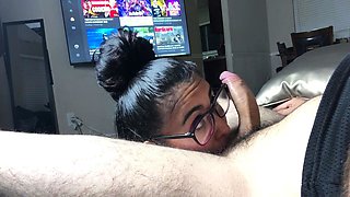 Big tit brunette sucks a big cock POV