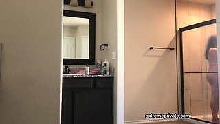 Stepmother showers, I jerk off while peeking