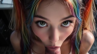 Rainbow pigtail girl sucks pov cock in office cum facial