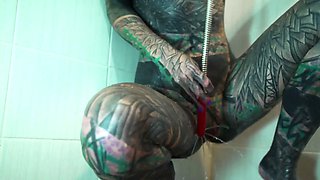 Tattooed Beauty Destroys Her Ass with Toys in Steamy Shower Masturbation