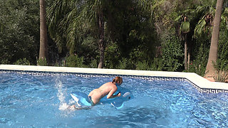 Naked Inflatable Ride and Humping in Outdoor Swimming Pool