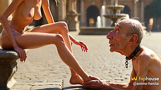 Submissive Man Worshipping Mistress Feet in Plaza