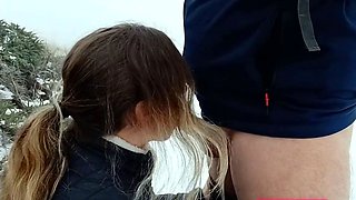 Public Blowjob in the Snow with a Sexy Teen Babe