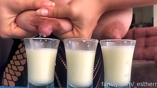 Filling Three Glasses with Fresh Breast Milk From My Full Breasts