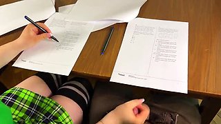 Schoolgirl Helps Big Cock Under Desk During Exam for Right Answers – Handjob Cumshot