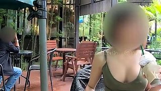 Public flashing in the cafe without panties.
