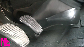 Pedal Pumping in Black Pantyhose and Grey Patent High Heels