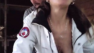 Fucking my wife outside while she is chopping fire wood