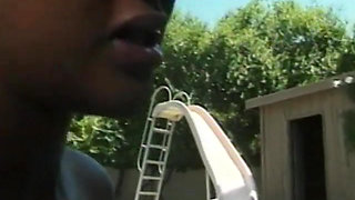 Four sexy ebony babes at poolside muff diving and using dildos to fuck tight twat