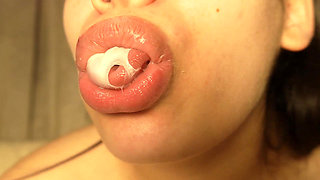 Stepsister Chews Gum and Blows Bubble Gum and Shows Her Big Tits While Playing with Her Gum and Big Tits