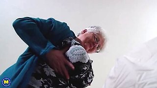 BBW GILF Solo Masturbation with Glass Dildo on Hairy Pussy