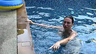 Pool Day: Busty Wife Having Fun with Her Lover. Big Tits, Sun and Big Cock