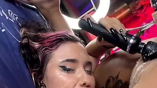 Very dirty double squirt in slut's dirty mouth