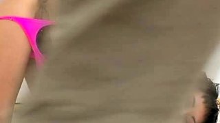 Small titted brunette Sharron with glasses masturbates