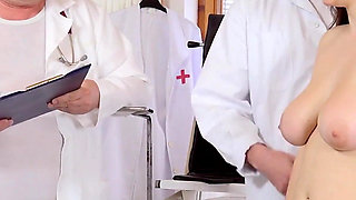 Big busty muslim teen girl Zeynep Rossa gets anal temperature measured by 2 old doctors