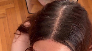 POV Mirror Blowjob & Big Facial in Shiny Seamless Pantyhose