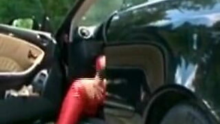 Big boobs blonde humiliating whipping in red latex dress