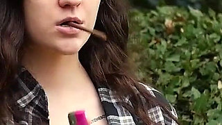 Sweet and Busty Russian Babe Smoking Cigarette in Nature