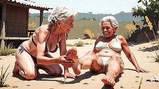 Two Skinny 90 Year Old Grannies - One Licks the Other's Feet in Humiliation