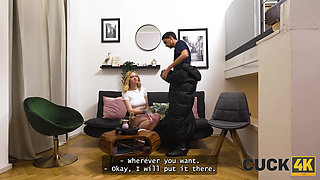 CUCK4K. Pregnant blonde with natural tits is enjoying stranger's cock in front of her husband