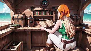Blonde Pirate Captain! Green Uniform & Rough Ropes on a Sunny Deck. Languid Poses, Long Legs Exposed, and That Teasing Gaze