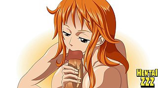 Nami from One Piece gives a sweet blowjob in this hentai scene