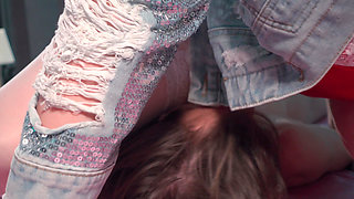 Big Ass Facesitting & Ass Shaking - Curvy MILF in White Stockings Heavy Pressing Skinny Guy with Hairy Pussy & Fat Butt