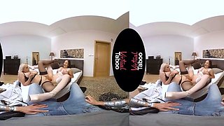 Busty platinum-blonde and dark-haired sisters in stockings