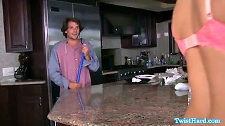 Lingerie stunner facialized in the kitchen