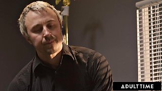 Bossy MILF August Skye Lures Submissive Counselor Princess Emily into Steamy Office Threesome with Big-