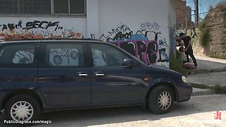 Euro ginger babe mouth fucked in public