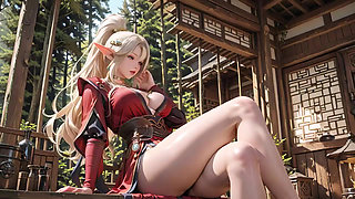 Red Robe Elf Sorceress! Sun-dappled forest terrace, kneeling gaze that melts you instantly.
