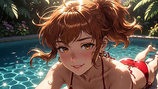 AI Girl Sensually on the Pool - Studio Ghibli Style