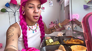 Spicy Food Mukbang Overeating Facestuffing Petite Girl Eating Hot Food Close-up Long Nails Fetish Acrylic Nails Teen Bonnet Hung