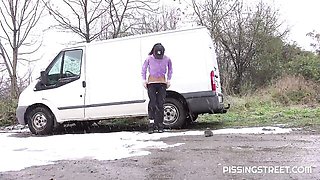 Pissing Street featuring Mini Mitzi X's straight hair porn