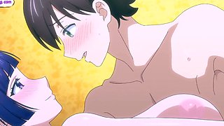 Tiny guy overwhelmed by tall athletic anime giantess babes