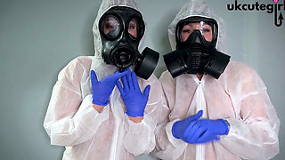 Gas Mask Nurses Give Hands-on Latex Glove Medical Treatment