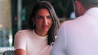 In the car's backseat, the busty brunette Lena Coxx considers her relationship with her BF