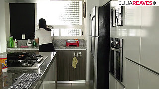 Horny slut climbs on the kitchen counters, gets fucked to a mouth cumshot