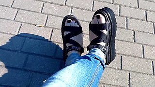 Crossdresser fetish, outdoor, sisters sandals